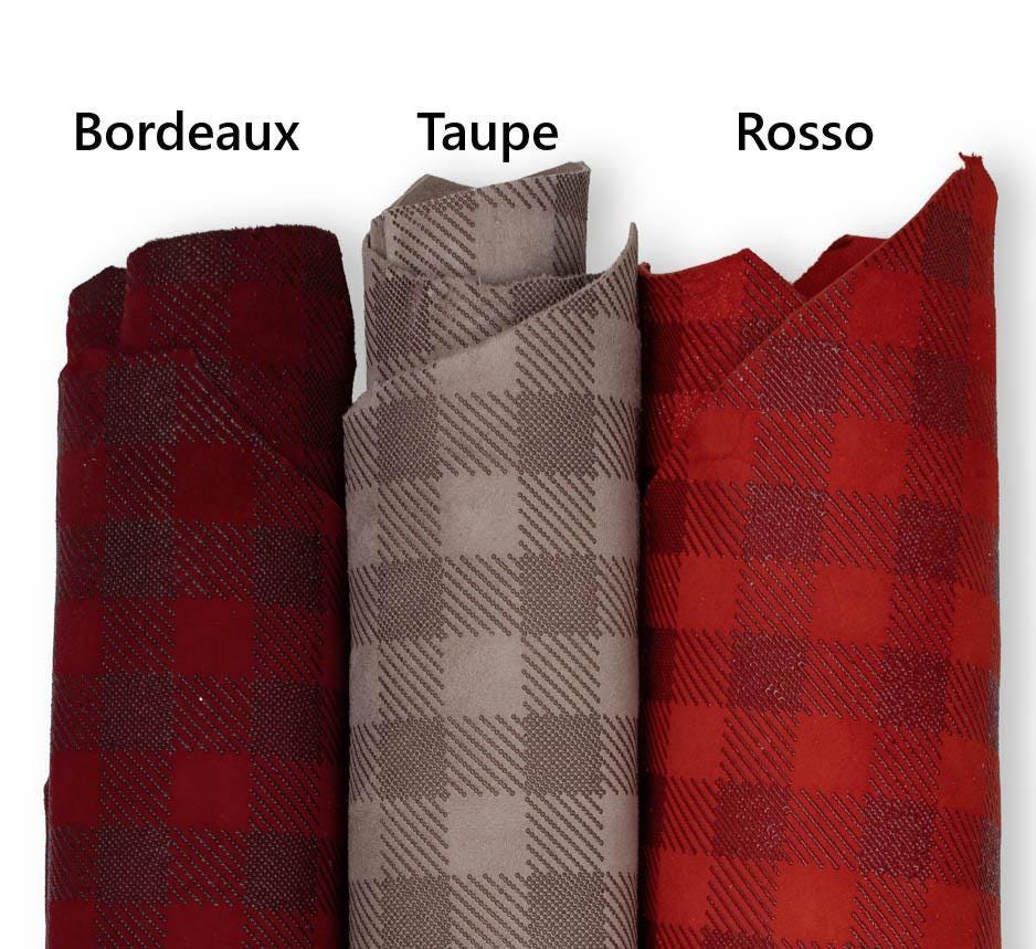 PLAID printed leather skin, taupe - bordeaux - red, GINGHAM pattern on matt soft suede goat hides for hobbyists B19137-ST La Garzarara