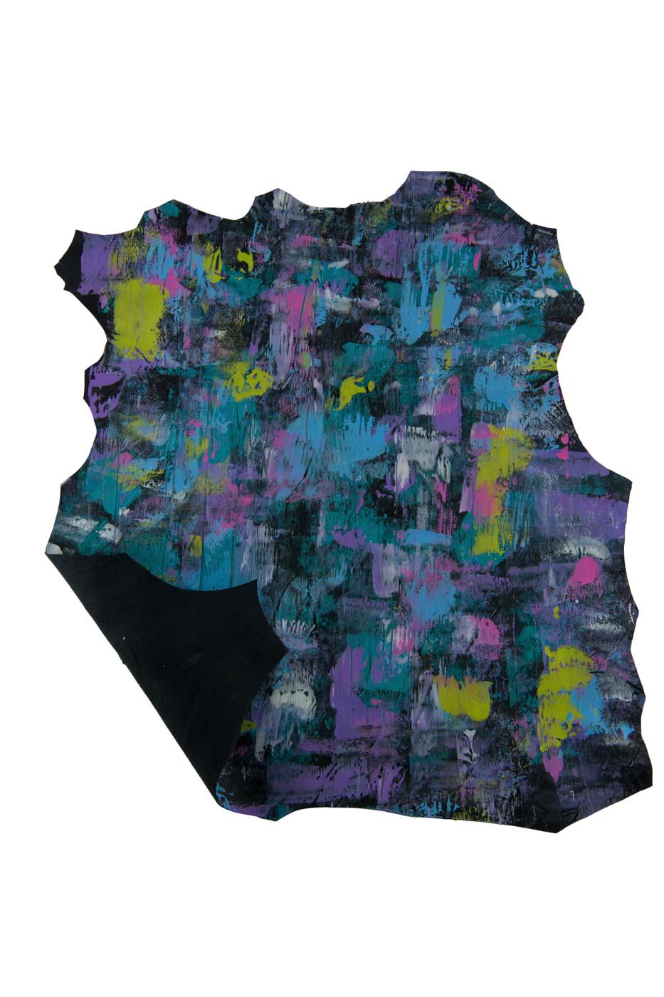 Decorated leather skin, splash hand made texture on black goatskin, colorful soft hide for hobbyists B19161-DM La Garzarara