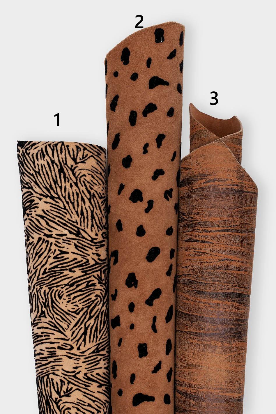 Printed leather hides, leopard giraffe geometric cheetah abstract cortex , full hides available, goatskins B19233-ST La Garzarara