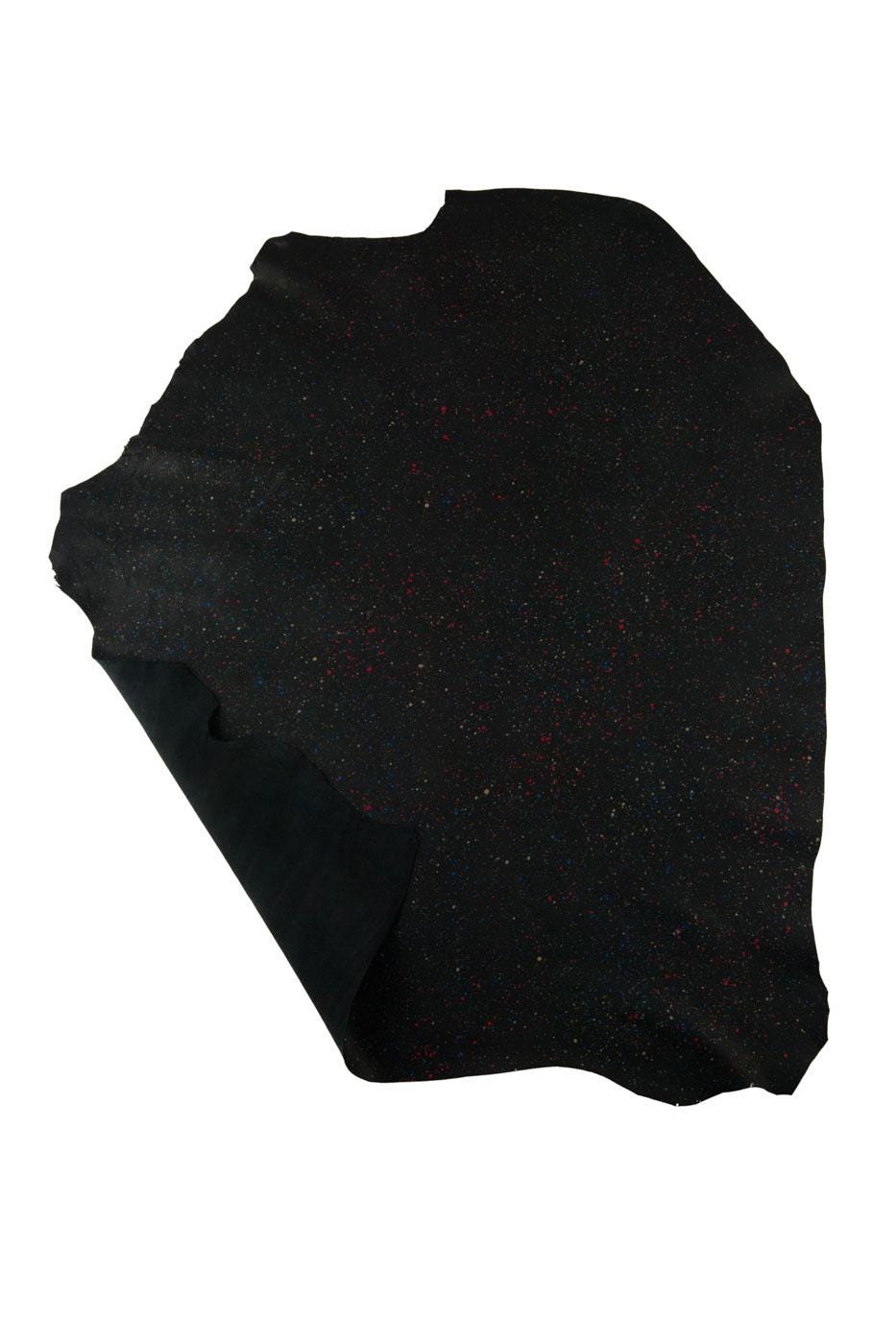Black textured leather skin, multicolor SPLASH print on black soft lambskin, SOFT sheepskin for diy projects B19200-TB La Garzarara