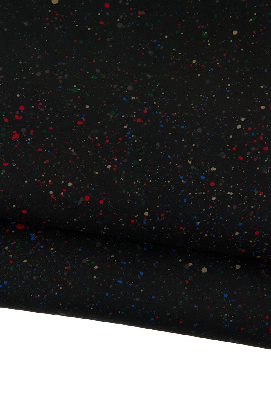 Black textured leather skin, multicolor SPLASH print on black soft lambskin, SOFT sheepskin for diy projects B19200-TB La Garzarara
