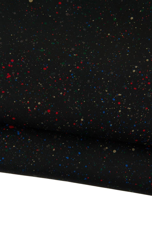Black textured leather skin, multicolor SPLASH print on black soft lambskin, SOFT sheepskin for diy projects B19200-TB La Garzarara
