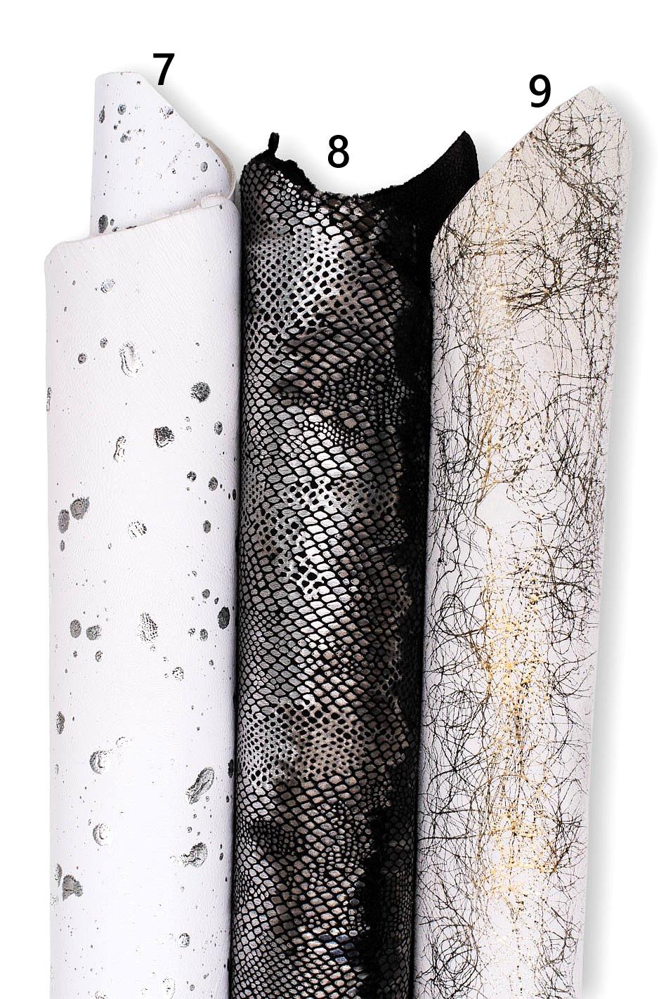 Printed leather hides, leopard lizard letters crackle abstract, full hides available, goatskins and sheepskins B19238-ST La Garzarara