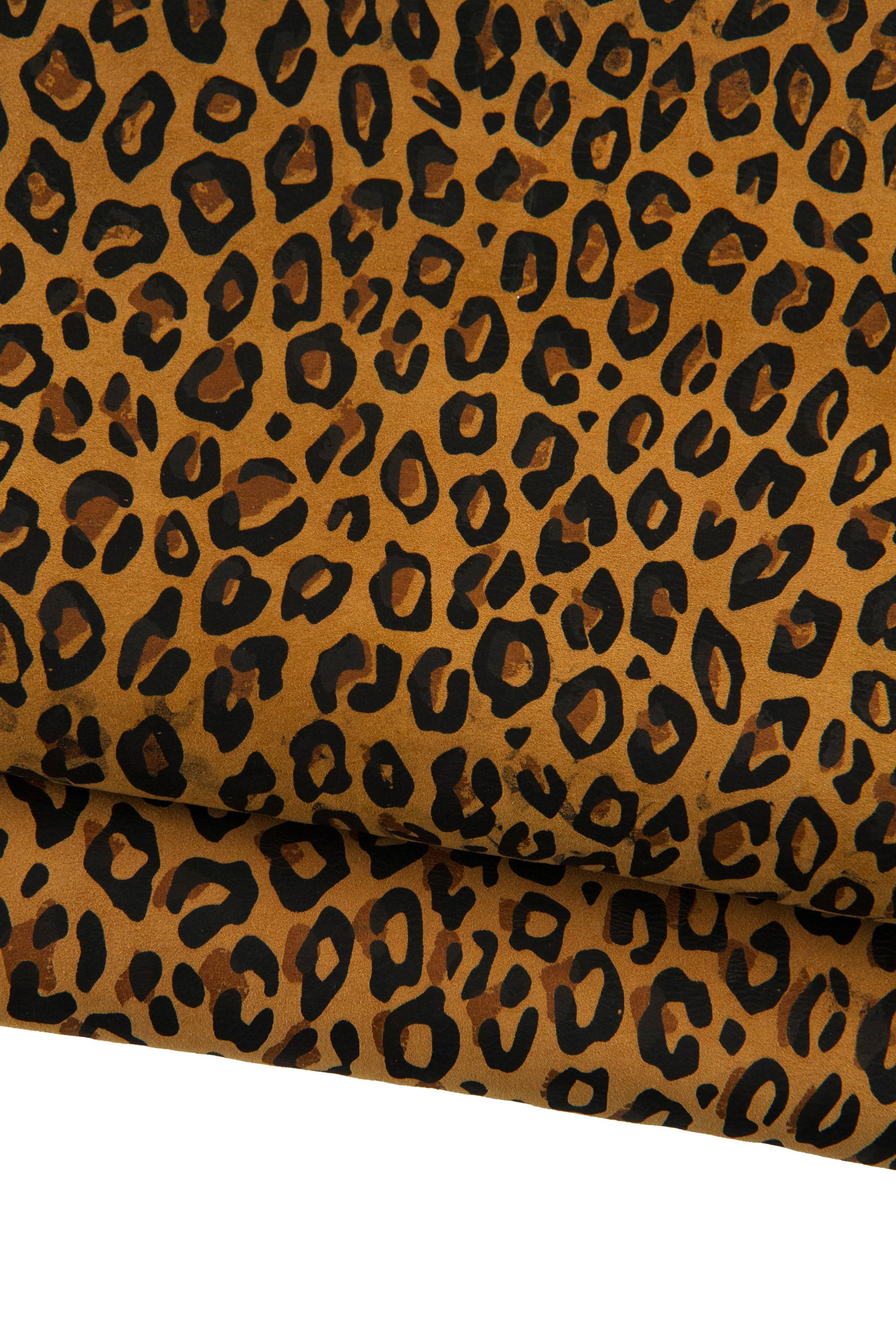 LEOPARD textured leather skin, tan brown SUEDE goatskin with black cheetah print, animal pattern on soft hide B19247-ST La Garzarara