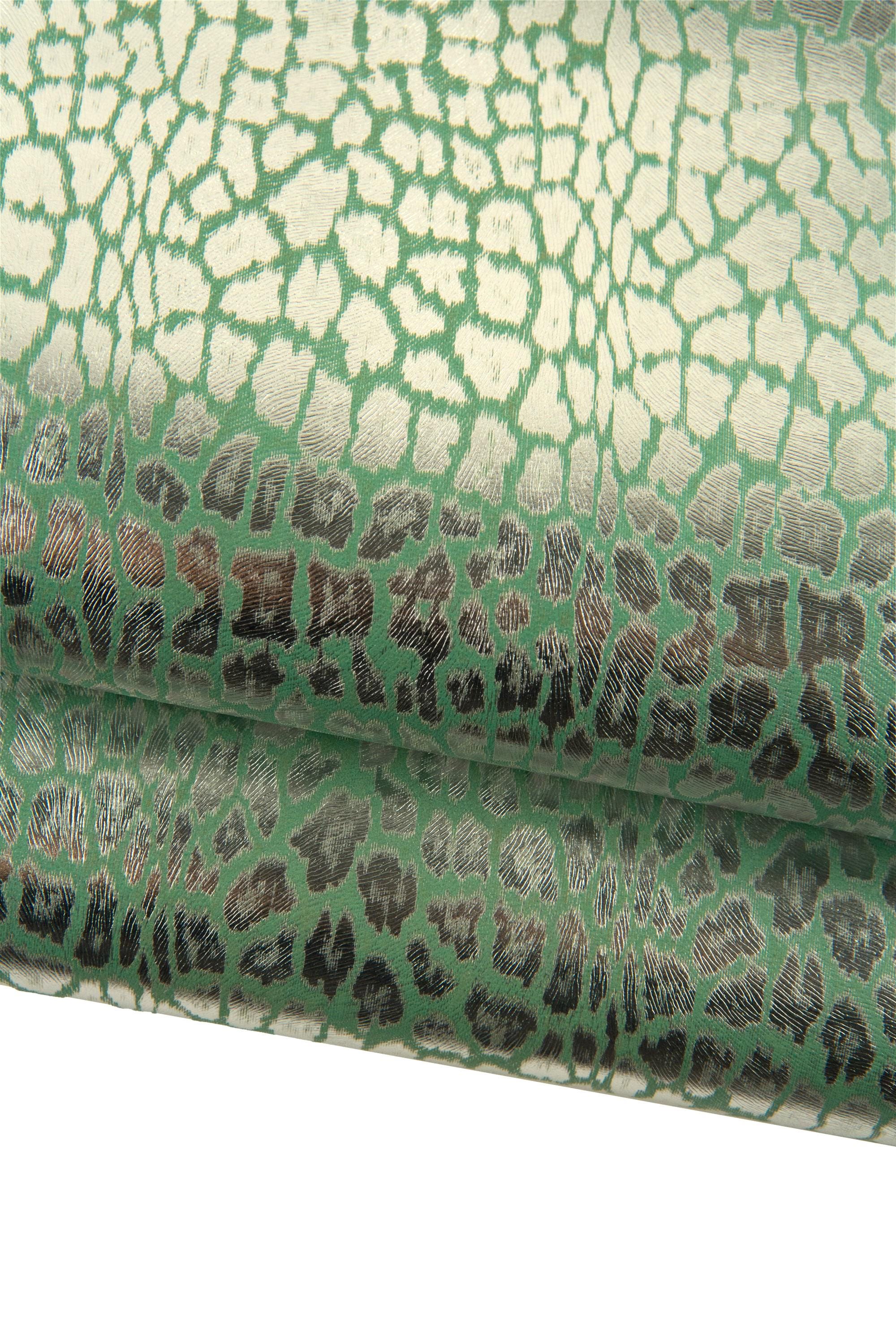 LEOPARD printed leather skin, silver METALLIC cheetah texture on green goatskin - soft bright skin for hobbyists B19265-MT(st) La Garzarara