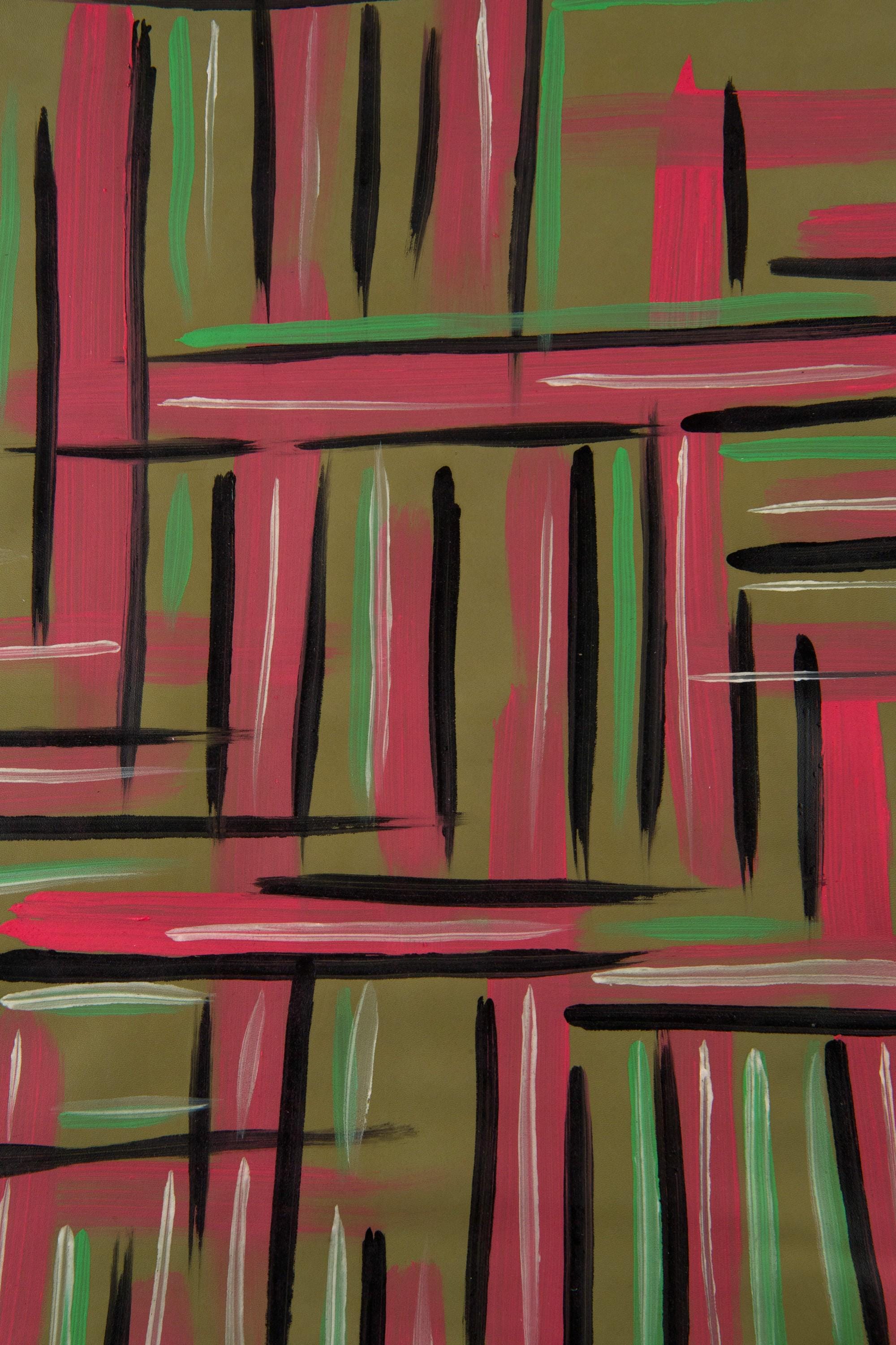 MULTICOLOR texture on olive green leather skin, GEOMETRIC printed goatskin, super soft matt hide for diy projects B19151-DM La Garzarara