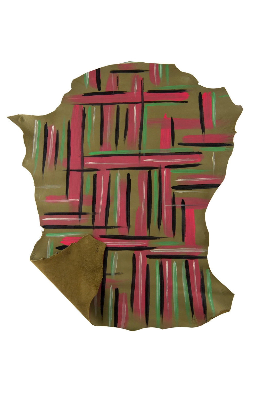 MULTICOLOR texture on olive green leather skin, GEOMETRIC printed goatskin, super soft matt hide for diy projects B19151-DM La Garzarara