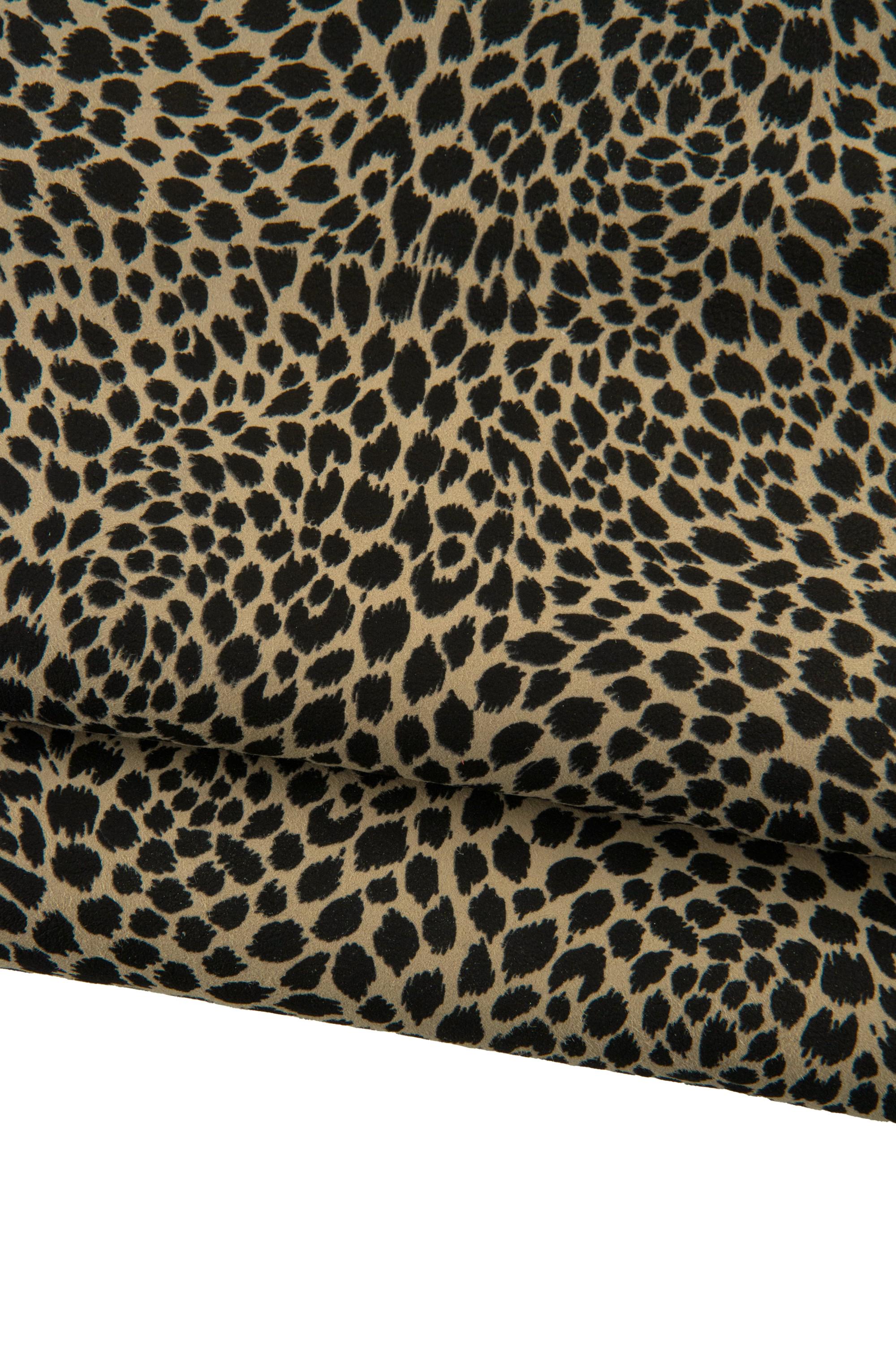 Black LEOPARD texture on beige suede goatskin, CHEETAH printed skin, soft animal printed hide for diy projects B19186-ST La Garzarara