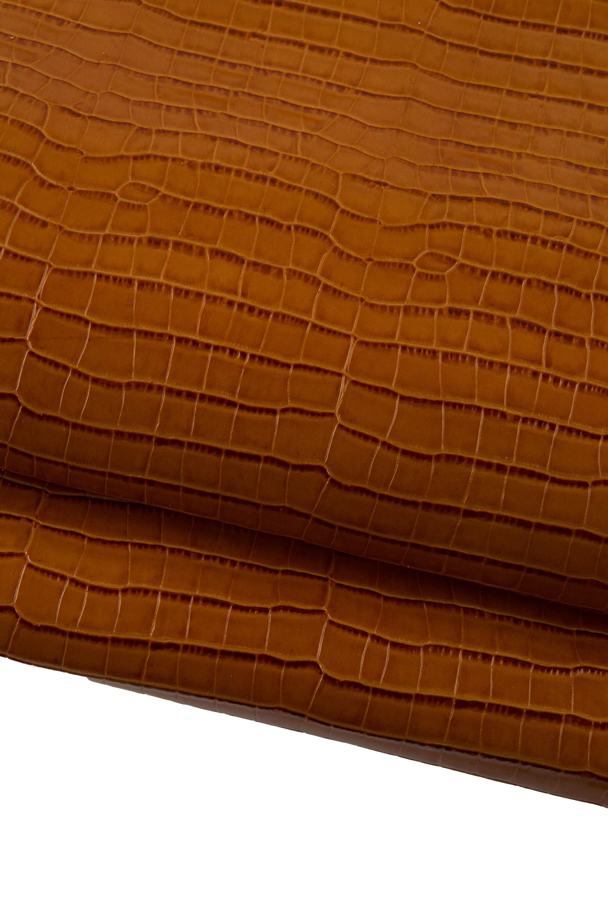Cognac Croc embossed leather hide, animal printed GLOSSY cowhide, brown alligator calfskin for crafters B19305-ST La Garzarara
