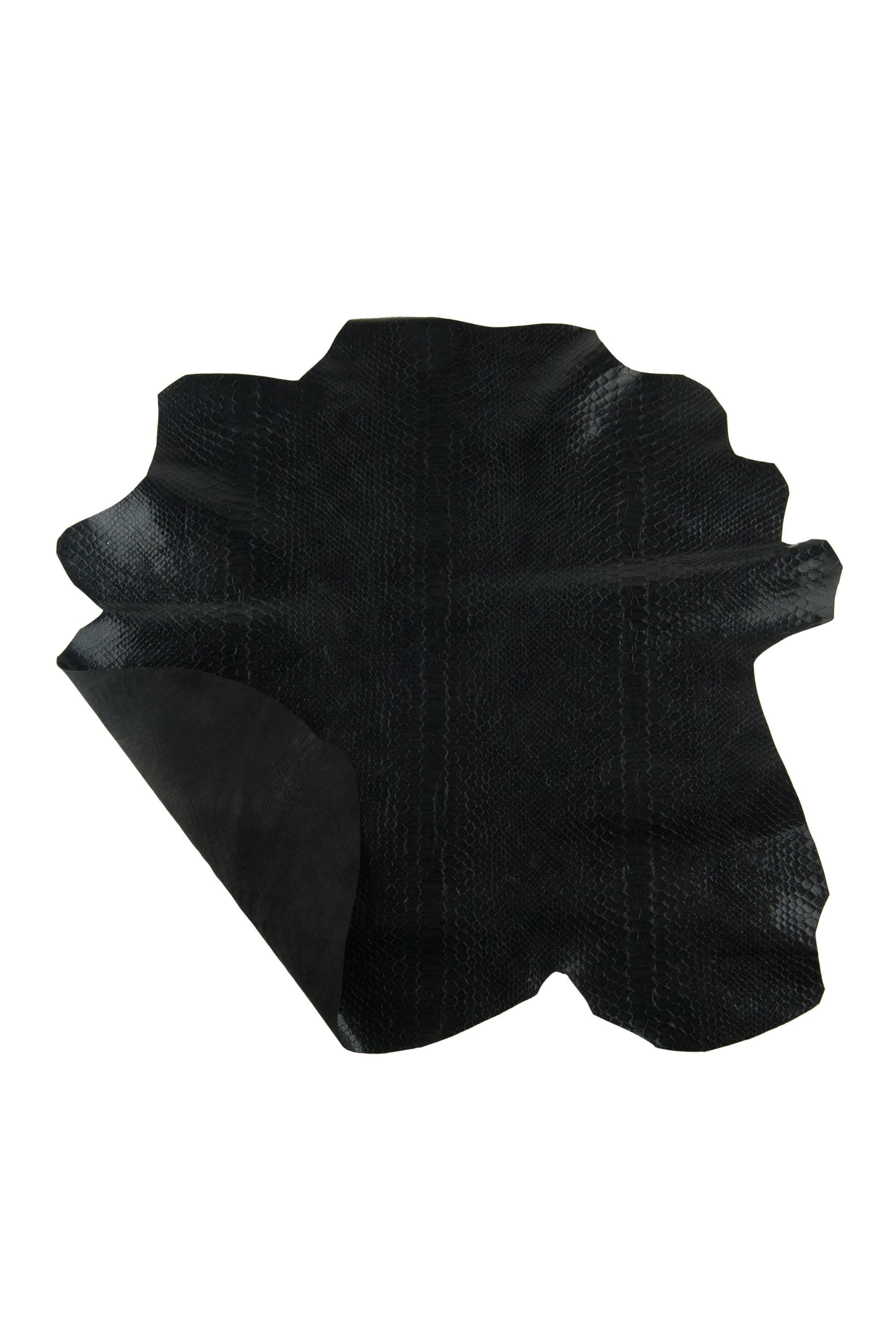 Black Python Print Leather Hide, Black Semi Gloss Snake Embossed Leather , Exotic skin for crafting B19232-TB La Garzarara