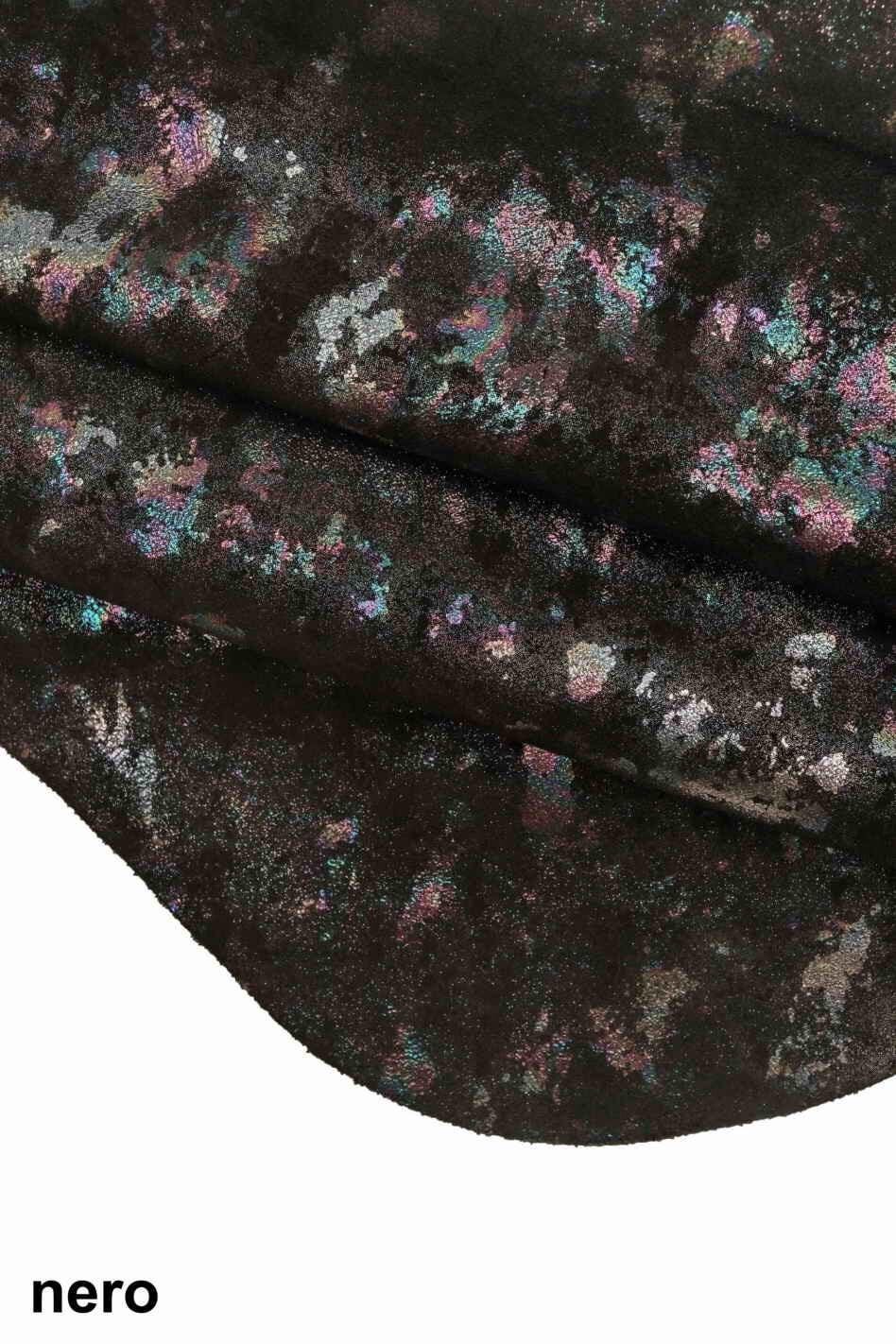 HOLOGRAPHIC leather skin - printed iridescent suede calfskin with texture effect, metallic GASOLINE skin B13157-MT(st) La Garzarara