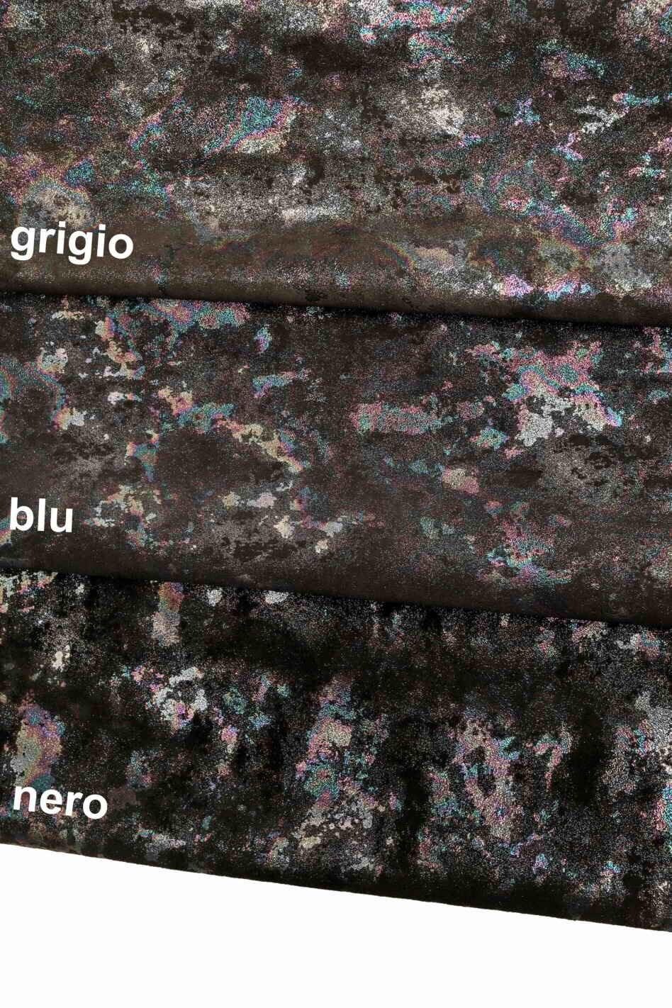 HOLOGRAPHIC leather skin - printed iridescent suede calfskin with texture effect, metallic GASOLINE skin B13157-MT(st) La Garzarara