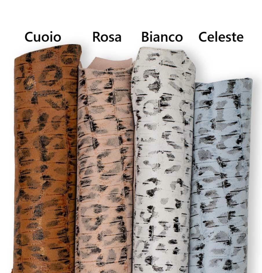 Animal printed leather hides, LEOPARD texture on CROCODILE embossed goatskin, cheetah printed skin for diy projects B19179-ST La Garzarara