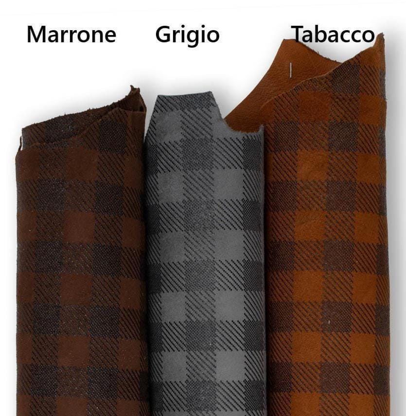 PLAID printed leather skin, brown - grey - tobacco, GINGHAM pattern on matt soft suede goat hides for hobbyists B19140-ST La Garzarara