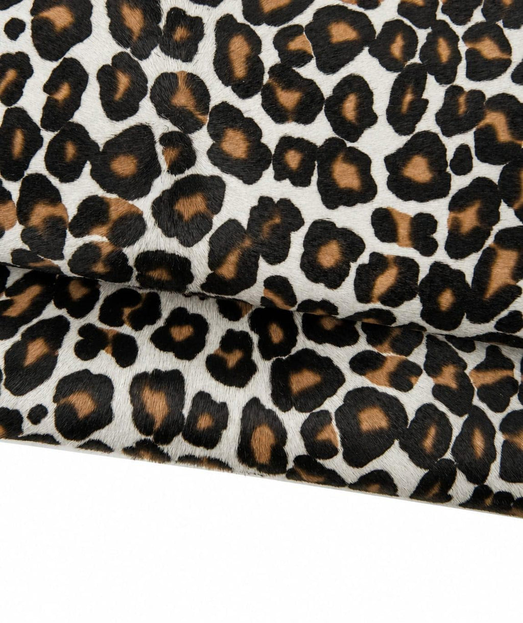 White LEOPARD hair on leather hide, cheetah textured PONY calfskin, animal printed cowhide for crafting B18573-CV La Garzarara