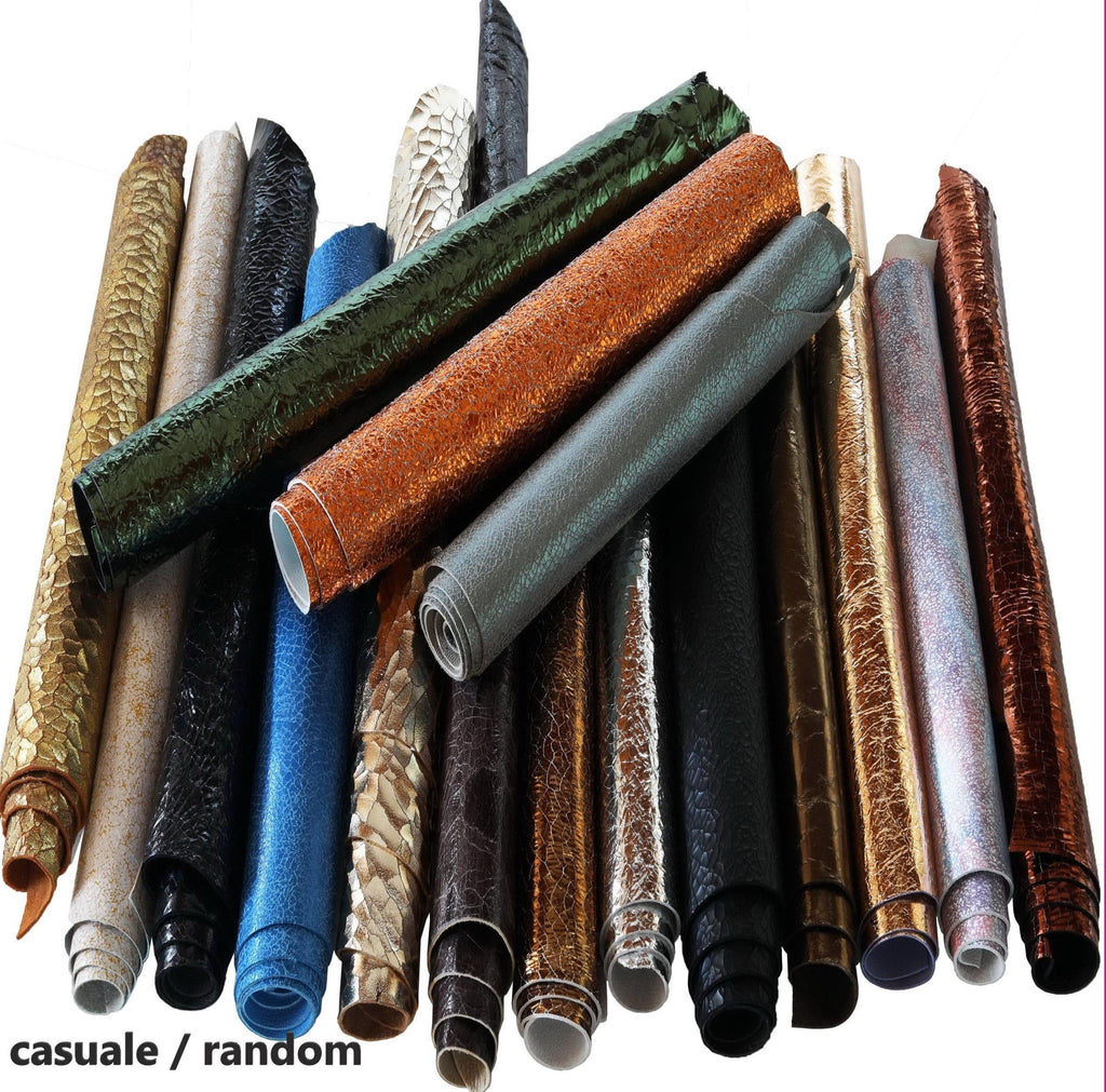 Cracked leather PIECES, crackle effect leather sheets laminated and matte, textured finish mixed colors 10 pcs B102 La Garzarara