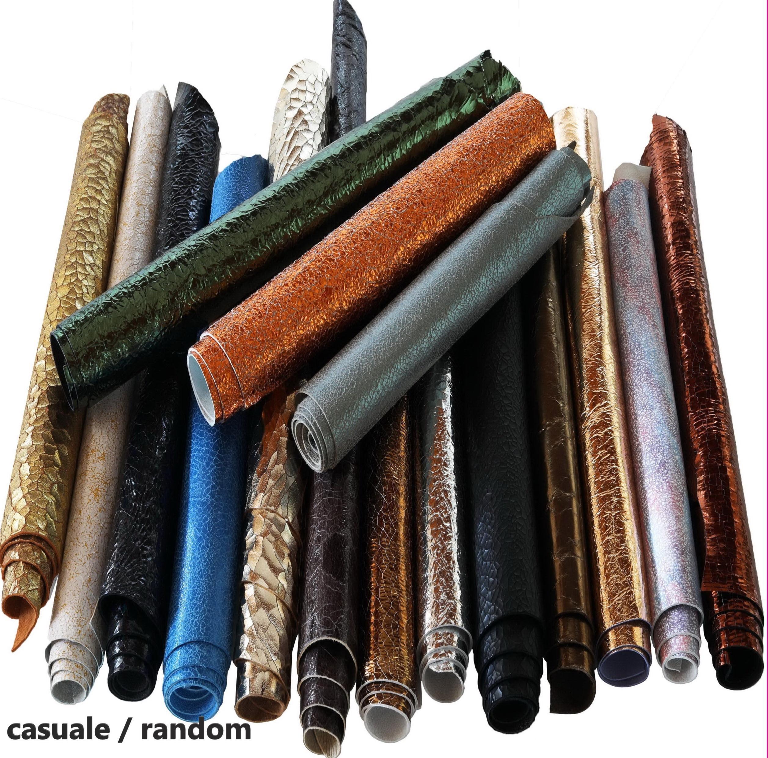 Cracked leather PIECES, crackle effect leather sheets laminated and matte, textured finish mixed colors 10 pcs B102 La Garzarara