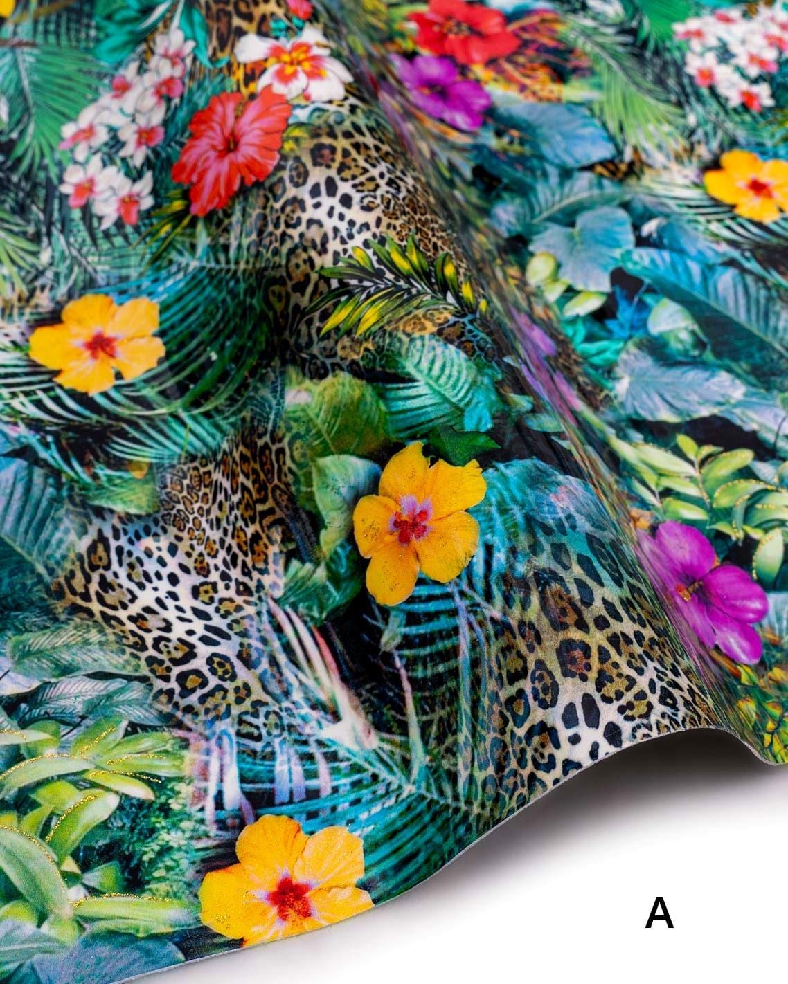 TROPICAL multicolor floral leopard skins, abstract JUNGLE pattern, printed patent calfskin, soft hides B18988-MT(st) La Garzarara