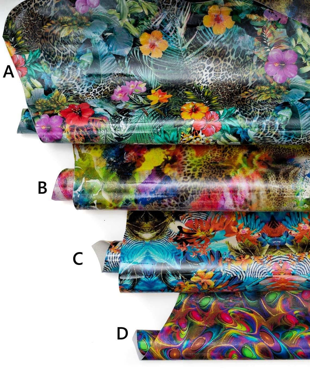 TROPICAL multicolor floral leopard skins, abstract JUNGLE pattern, printed patent calfskin, soft hides B18988-MT(st) La Garzarara
