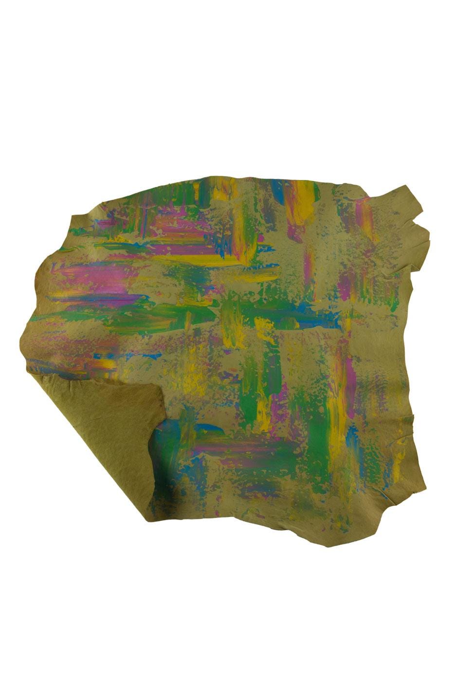 PAINTED leather skin, MULTICOLOR textured goatskin, unique soft brush stroke print on hide, for diy projects B19035-DM La Garzarara
