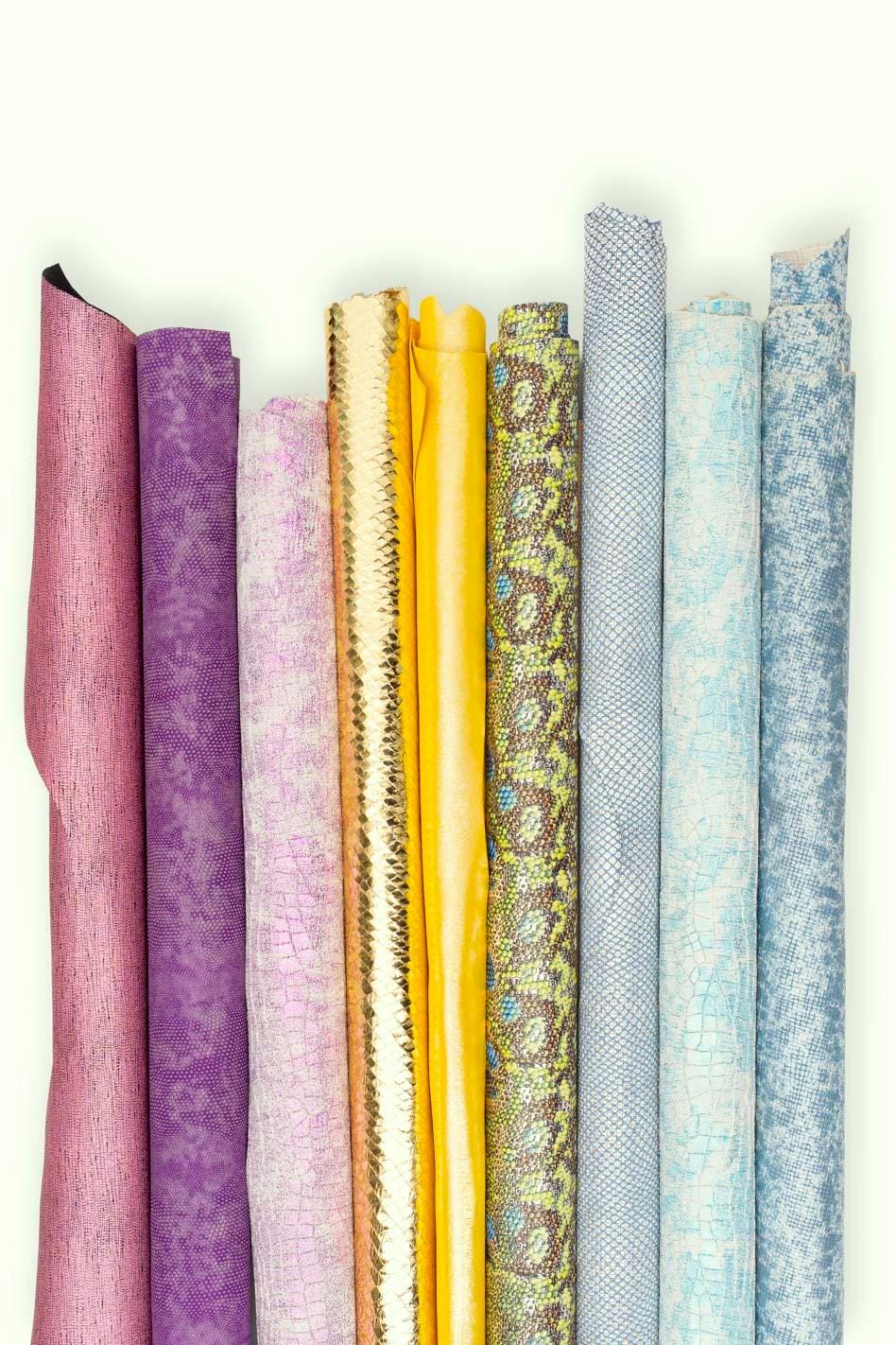 Printed leather hides, python coccodrille geometric metallic, abstract, full hides available, goatskins B19237-MT(ST) La Garzarara