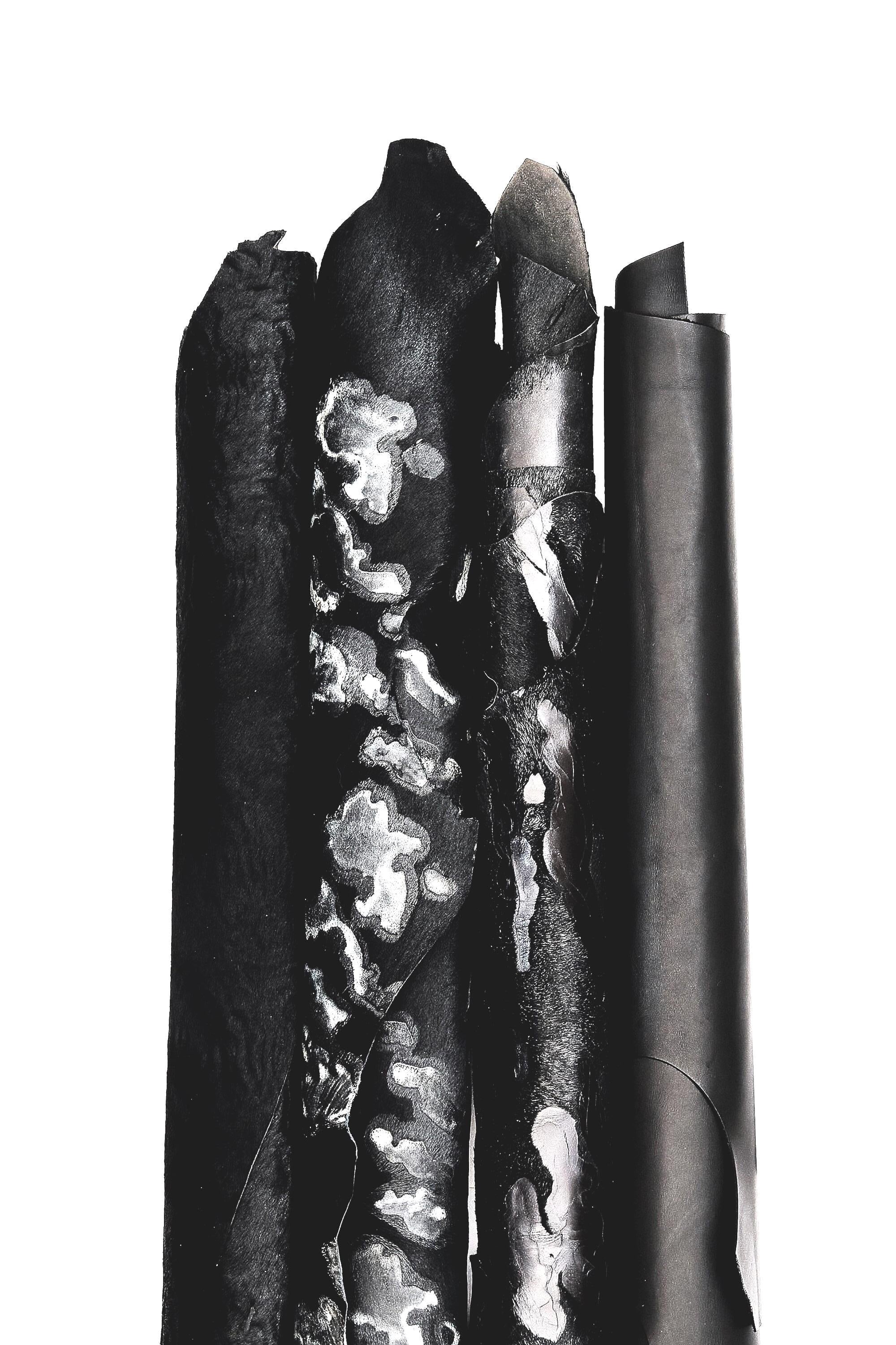 Printed BLACK hair on hides, 4 pony black leather skin camouflage effect, smooth matte leather hide. bundles of 4 skins B16616-CV