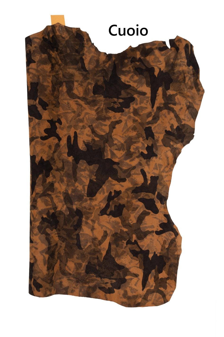 CAMOUFLAGE textured leather hide, tan beige/brown printed SUEDE goatskin hide, mimetic pattern on soft leather B19177-ST La Garzarara