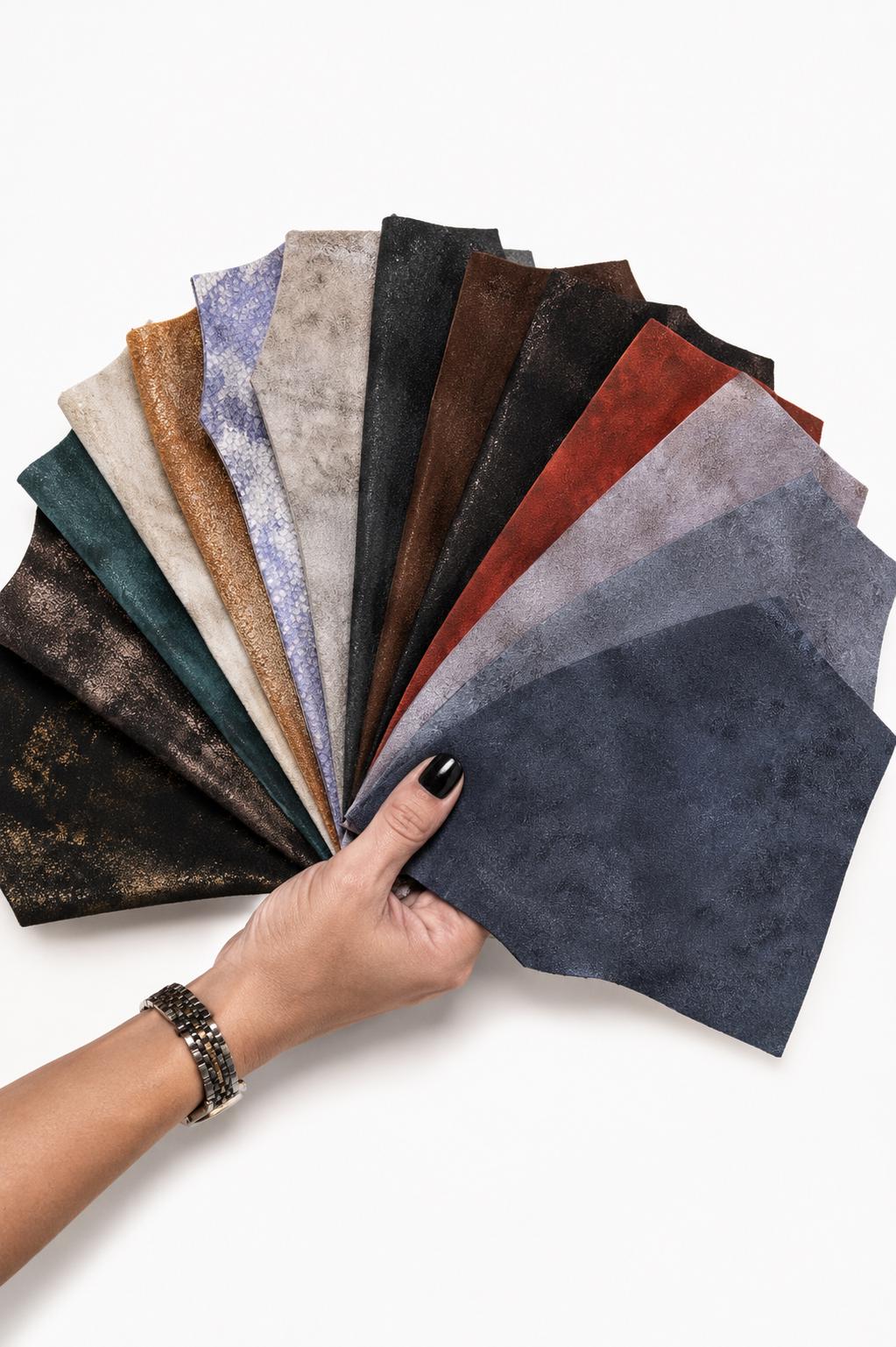 Metallic Suede Scraps, Foil Finish Leather Pieces, Distressed Shimmer Color Mix B1502-RC La Garzarara