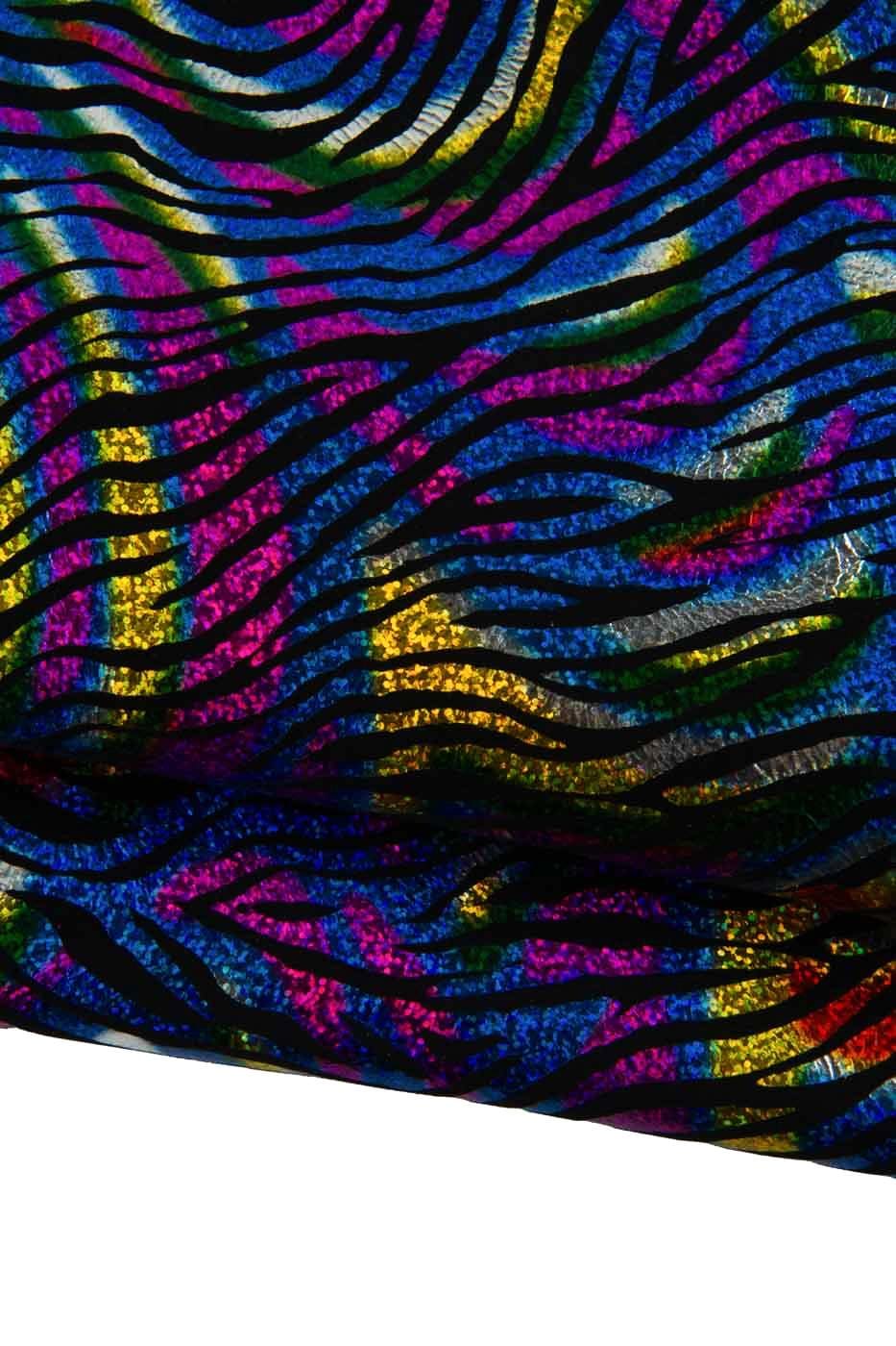 IRIDESCENT multicolor ZEBRA printed leather skin, colorful metallic animal print on black suede goatskin 0.8-1.2 mm B18445-MT(st)