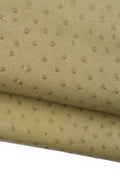 Può includere: Primo piano di pelle di struzzo color beige con una caratteristica trama a grana. La pelle ha un colore uniforme ed è ripiegata, rivelando il lato inferiore. La superficie è punteggiata da piccoli rilievi, caratteristici della pelle di struzzo.