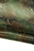 May include: Close-up of a textured fabric with a reptile-like pattern. The material features a blend of green, brown, and gold tones, creating a shimmering effect. The fabric is folded, revealing its layered texture and design.