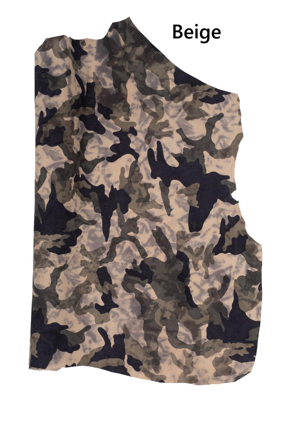 CAMOUFLAGE textured leather hide, tan beige/brown printed SUEDE goatskin hide, mimetic pattern on soft leather B19177-ST La Garzarara