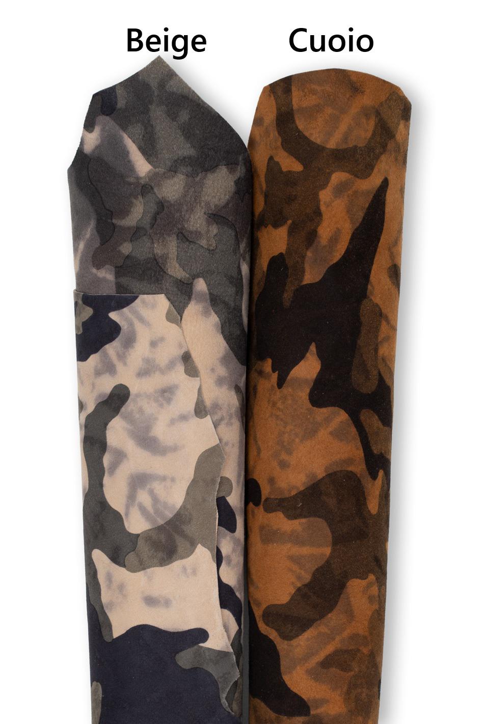CAMOUFLAGE textured leather hide, tan beige/brown printed SUEDE goatskin hide, mimetic pattern on soft leather B19177-ST La Garzarara