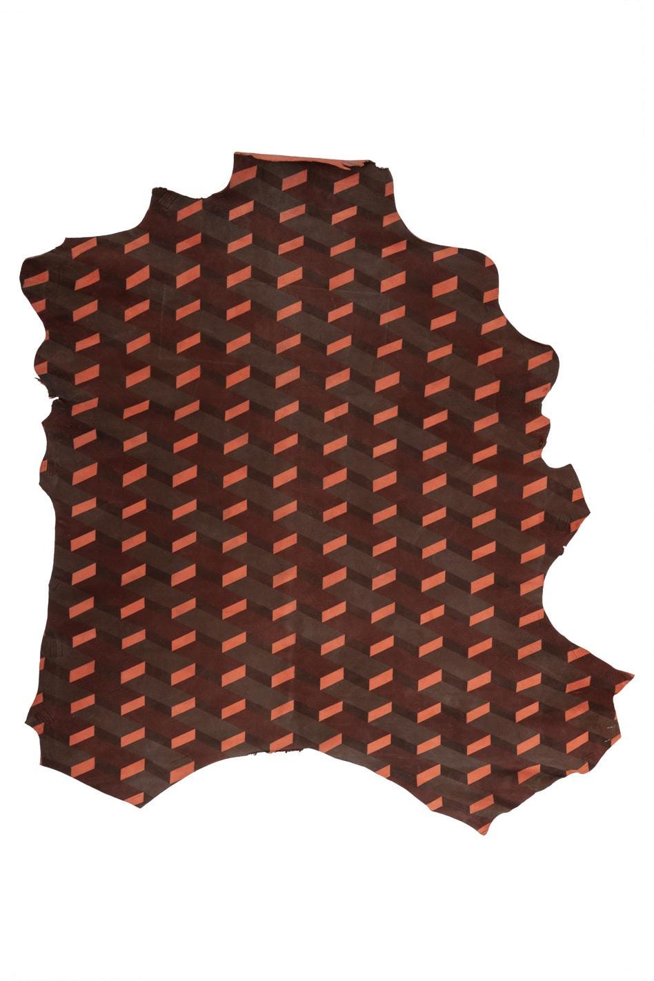 GEOMETRICAL printed leather skin, brown - orange textured SUEDE goatskin, soft material for crafting, 0.7 - 0.9 mm B18790-ST La Garzarara