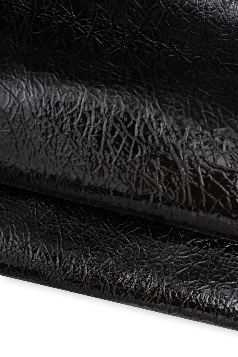 Black High Gloss Patent Leather Hide, High shine Crumpled Goat Skin, Thin soft Italian Leather for clothing B19498-TB La Garzarara