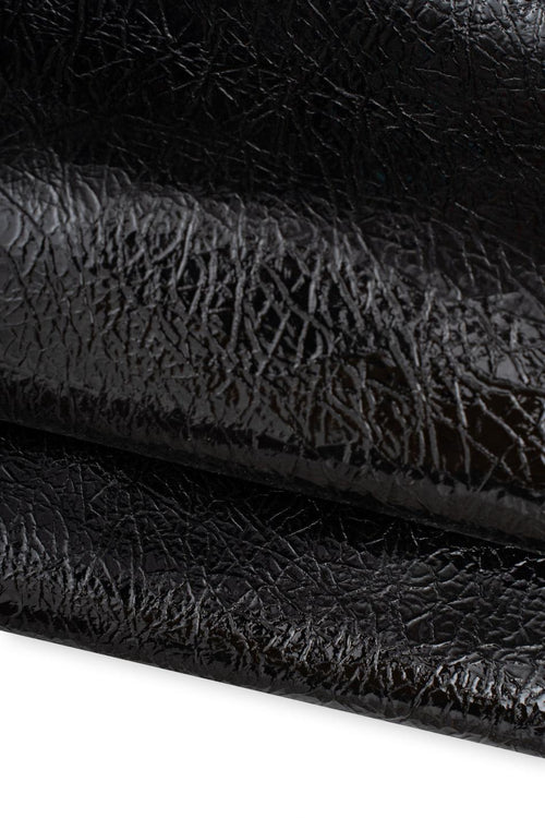 Black High Gloss Patent Leather Hide, High shine Crumpled Goat Skin, Thin soft Italian Leather for clothing B19498-TB La Garzarara