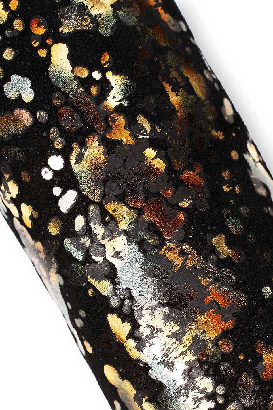 METALLIC textured suede leather skin, gold IRIDESCENT splash print on black goatskin, bright, soft hide B19548-MT(st) La Garzarara