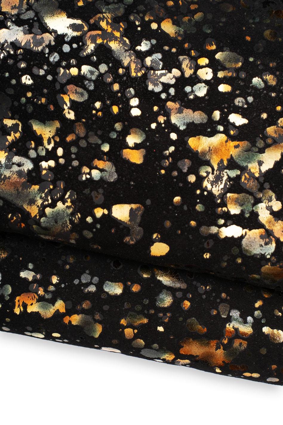 METALLIC textured suede leather skin, gold IRIDESCENT splash print on black goatskin, bright, soft hide B19548-MT(st) La Garzarara