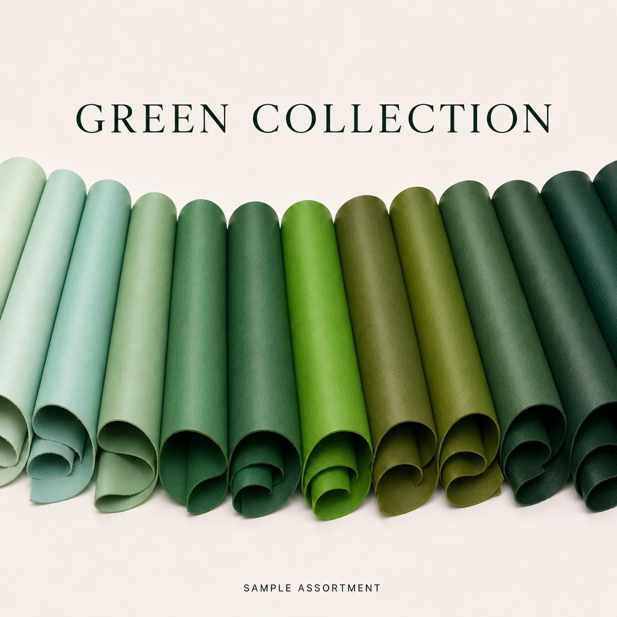 Green leather collection, genuine leather hides, smooth and pebbled, calfskin, lambskin and goatskin, textures for bags and DIY