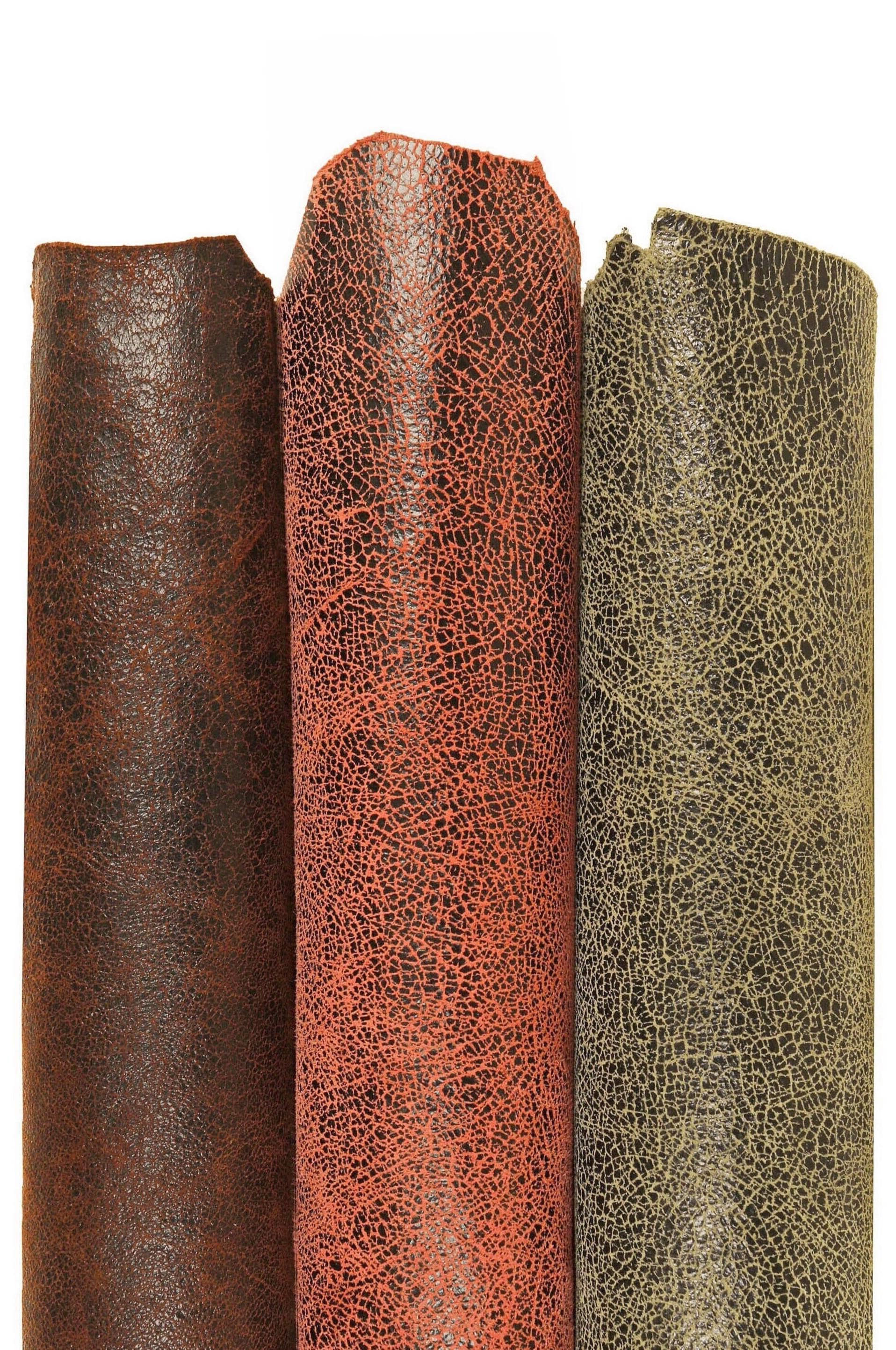 Army green, red, brown CRACKLE printed leather skin, soft textured suede goatskin, crack pattern on skin B16128-ST La Garzarara