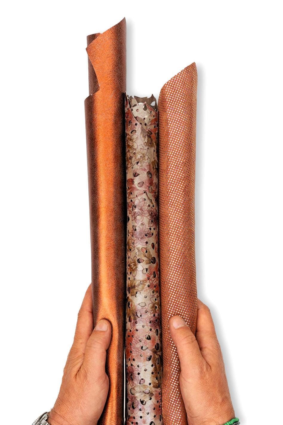 Pack of 3 rust METALLIC, printed, PIERCED leather skins, soft sparkle matching goatskins assorted as per picture B19543-MT(st) La Garzarara
