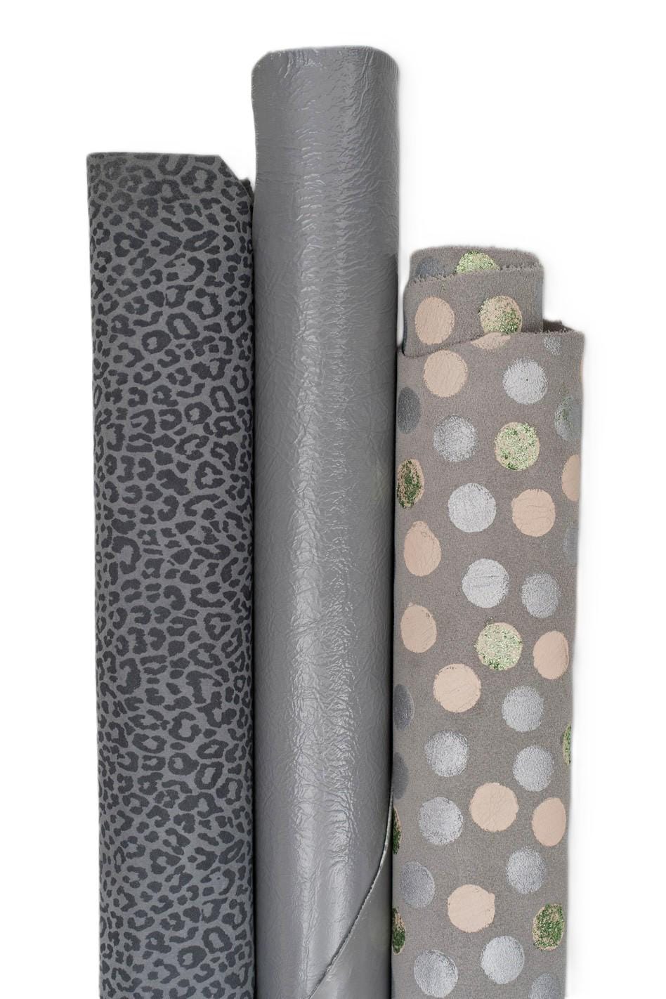 Pack of grey leather skins: LEOPARD printed suede, POLKA dots textured split calfkin, glossy goatskin, as per picture B19538-ST LaGarzarara