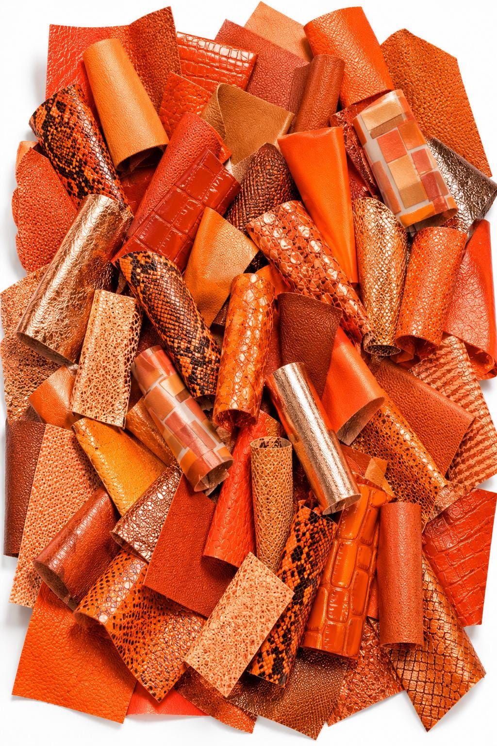 Orange Leather Scraps, Premium Selected Remnants, Mixed Textures Prints and Special Finishes 6x5"/15x12 cm 10x8"/25x20 cm PREMIUM5
