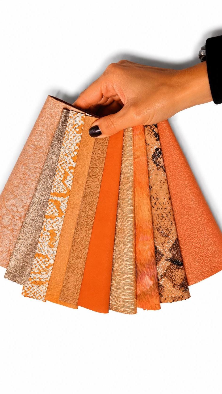 Orange Leather Scraps, Premium Selected Remnants, Mixed Textures Prints and Special Finishes 6x5"/15x12 cm 10x8"/25x20 cm PREMIUM5