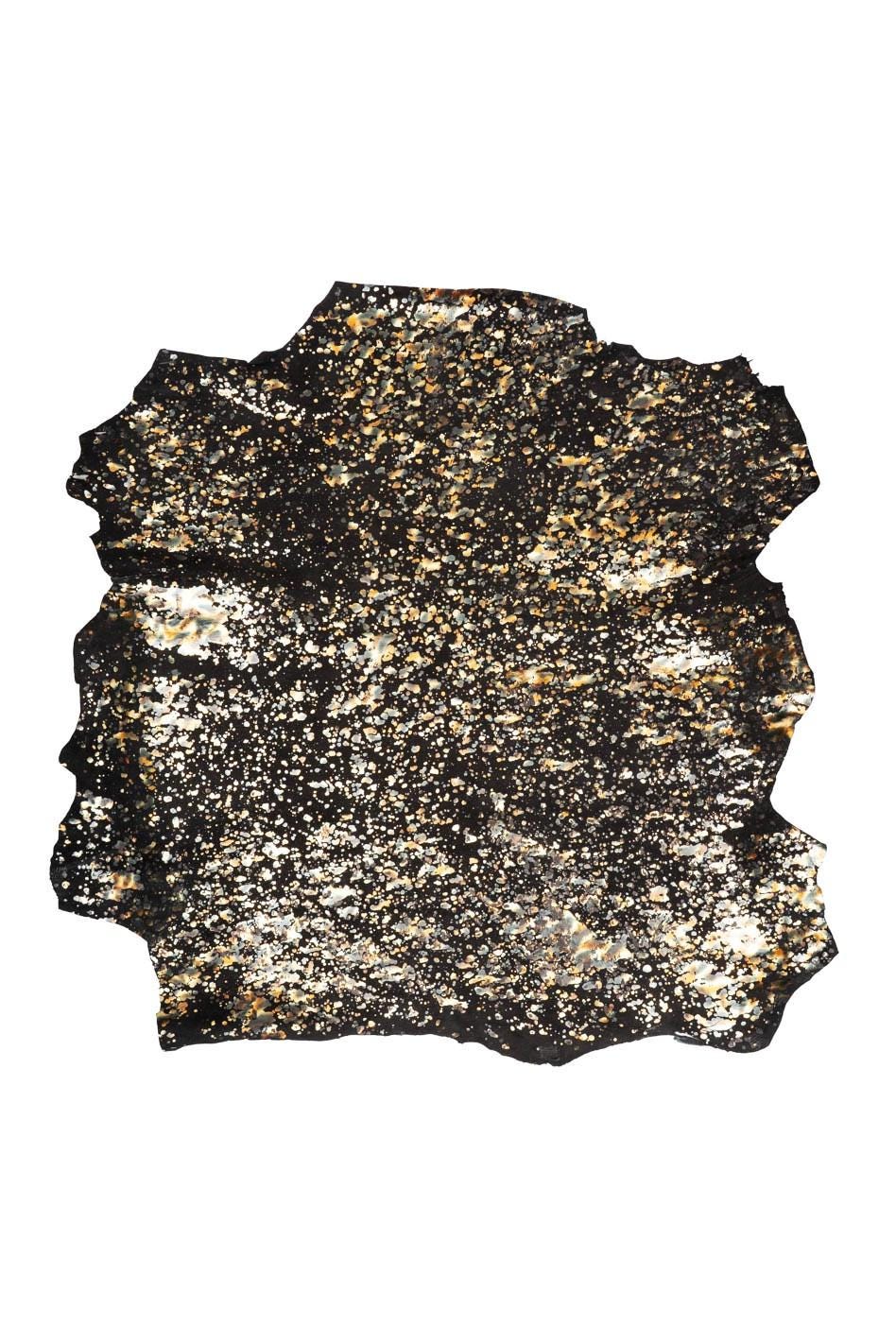 METALLIC textured suede leather skin, gold IRIDESCENT splash print on black goatskin, bright, soft hide B19548-MT(st) La Garzarara