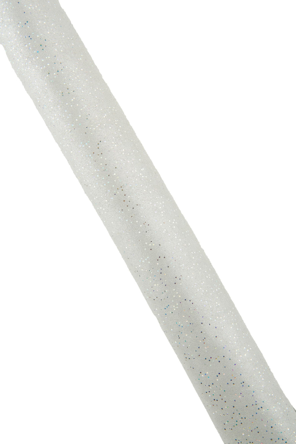 Può includere: Un oggetto decorativo bianco e cilindrico con una superficie glitterata e macchiettata. L'oggetto è angolato diagonalmente attraverso il telaio, con un aspetto morbido e strutturato. I glitter aggiungono una sottile brillantezza.