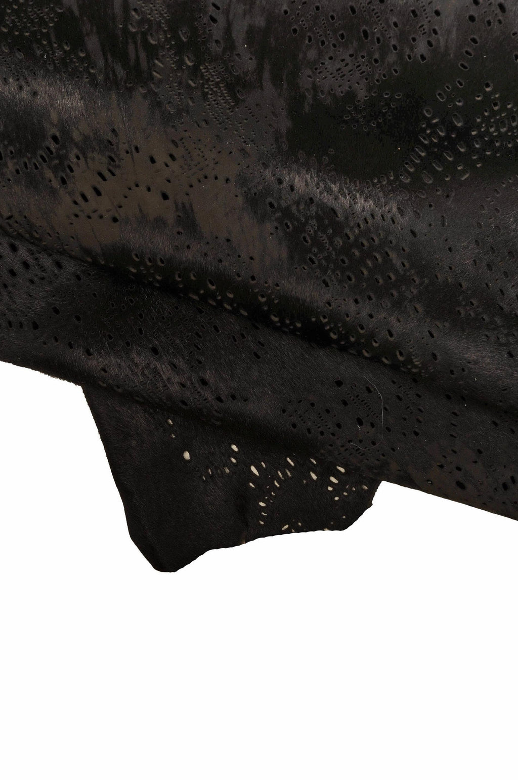Black PERFORATED hair on leather hide, acid effect on FLORAL printed pony calfskin, vintage distressed soft hairy cowhide B15860-CV