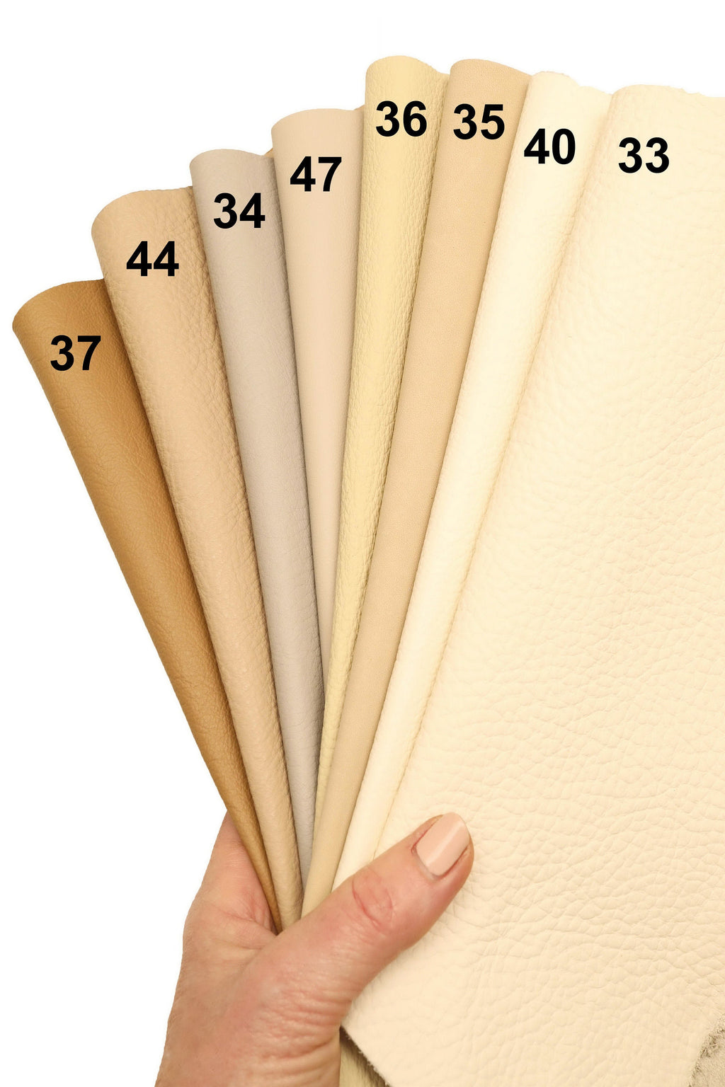 Può includere: Un assortimento di campioni di pelle in diverse tonalità di beige, crema e marrone. I campioni sono numerati da 33 a 47.