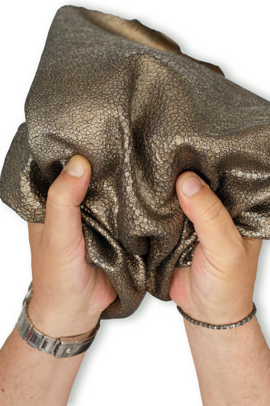 Bronze METALLIC leather skin, CRACKLE printed goatskin, glossy soft luxury material for artists B19593-MT(st) La Garzarara
