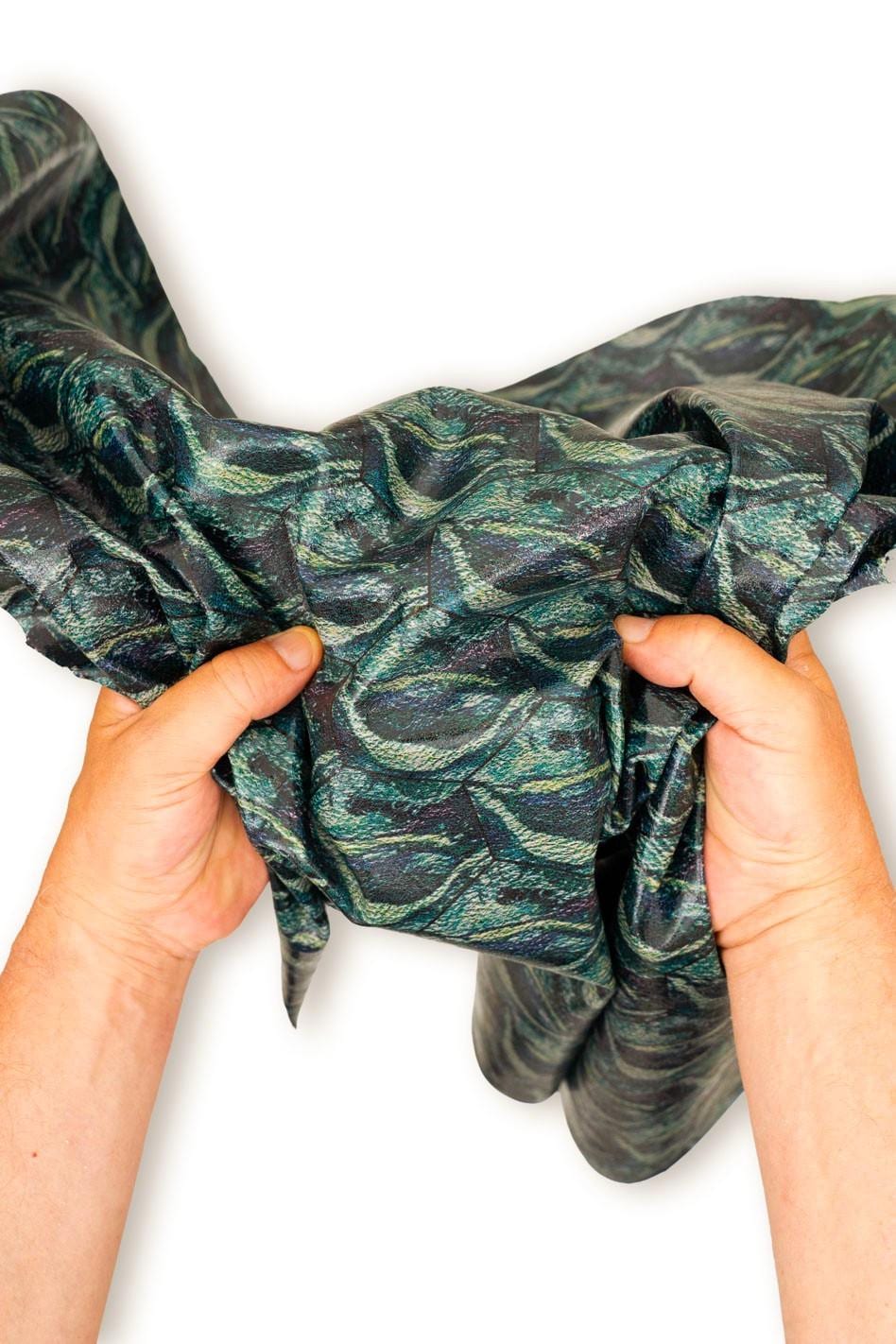 Green TEXTURED leather skin, abstract printed goatskin, THIN soft material for diy projects B19653-ST La Garzarara